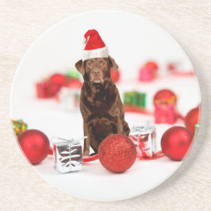 Bruin Labrador Hond Kerstmis w Gifts Santa Hat Zandsteen Onderzetter