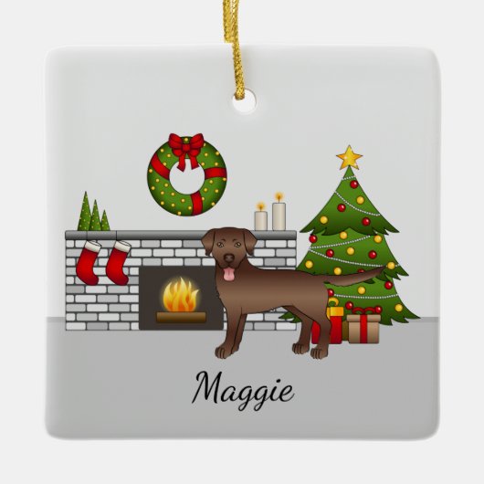 Bruin labrador Retriever - feestelijke kerstruimte Keramisch Ornament (Voorkant)