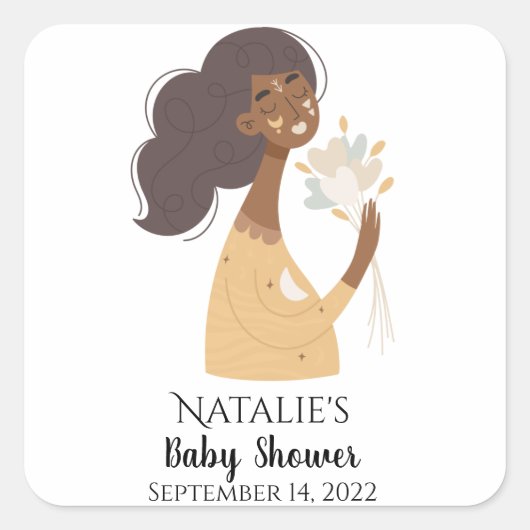 Bruin lachend boho vrouw boeket van harten vierkante sticker (Voorkant)