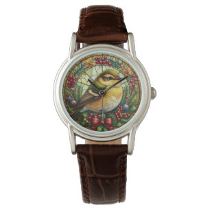 Bruin Leather Christmas Glas in lood Bird Horloge