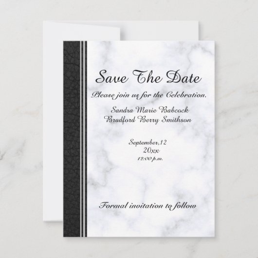 Bruin leder en grijze witte marmer save the date (Voorkant)