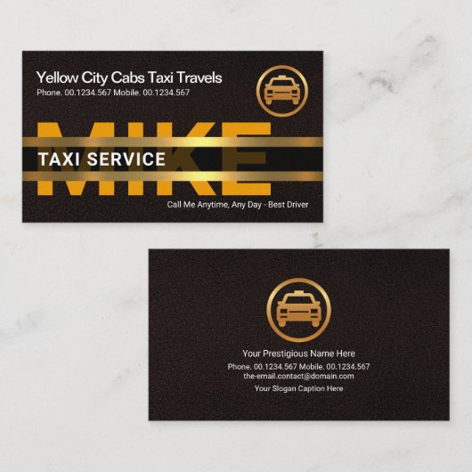 Bruin leder Geel Taxi Gold Name Placard Visitekaartje (Voorkant / Achterkant)