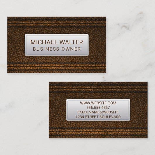 Bruin leder gestikt | luxe visitekaartje (Voorkant / Achterkant)
