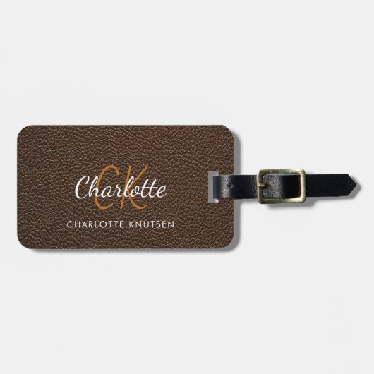 Bruin leder gouden monogram naam bagagelabel (Voorkant horizontaal)