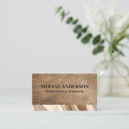 bruin leder | Gouden stof trim Visitekaartje (Staand voorkant)