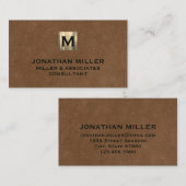 Bruin leder, goudmonogram geborsteld bruin leder visitekaartje (Voorkant / Achterkant)