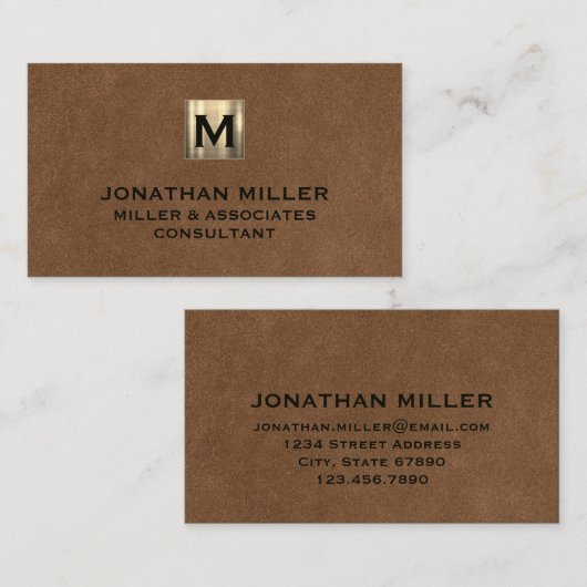 Bruin leder, goudmonogram geborsteld bruin leder visitekaartje (Voorkant / Achterkant)