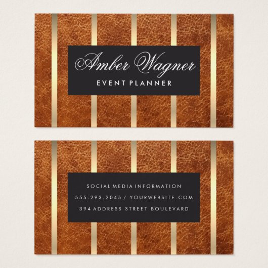 Bruin leder | Goudstrips Visitekaartje (Voorkant /achterkant)