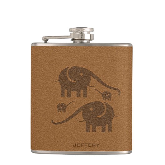 Bruin leder Kijk elefant Illustratie Heupfles (Voorkant)
