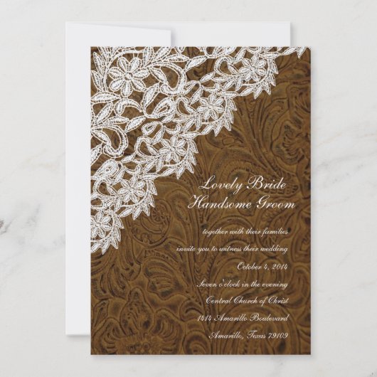 Bruin leder Kijk White Lace Wedding Invitation Kaart (Voorkant)