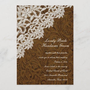Bruin leder Kijk White Lace Wedding Invitation Kaart