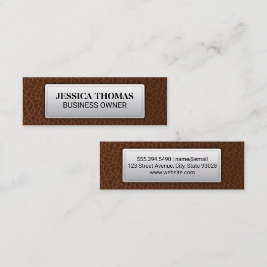 Bruin leder | Lederetiket met opschrift Mini Visitekaartje (Voorkant / Achterkant)