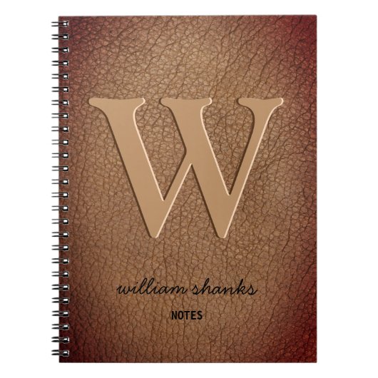 Bruin leder Rustisch monogram zwarte scriptnaam Notitieboek (Voorkant)