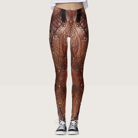 Bruin leder Viking Chest Armor Abstract Design Leggings (Voorkant)