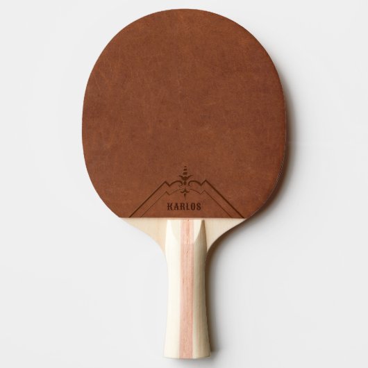 Bruin Lederen Afbeelding Custom Monogram Tafeltennisbatje (Achterkant)