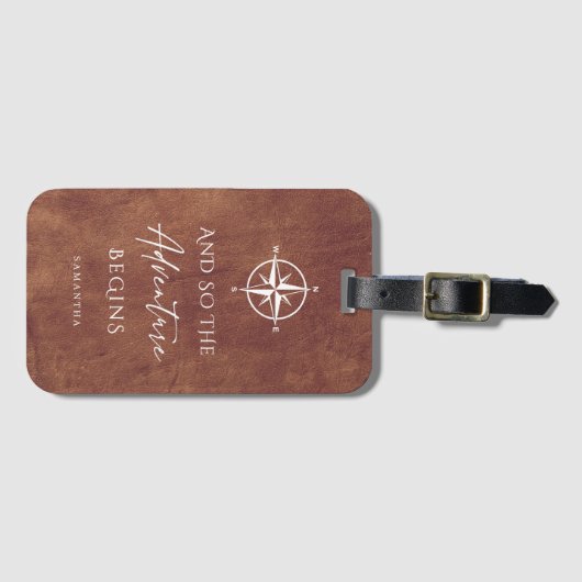 Bruin lederen avontuur begint op maat bagagelabel (Voorkant (horizontaal))