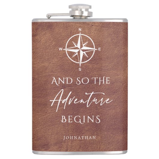 Bruin Lederen Avontuur Gepersonaliseerd Heupfles (Voorkant)