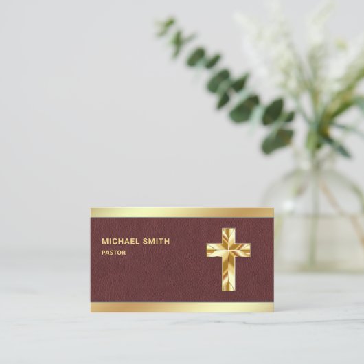 Bruin Lederen Gouden Folie Jezus Christus Kruis Pa Visitekaartje (Staand voorkant)