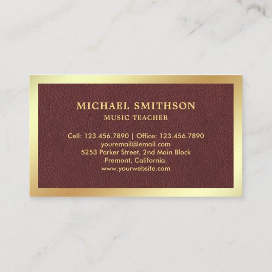 Bruin Lederen Gouden Folie Klarinet Muziekleraar Visitekaartje (Achterkant)