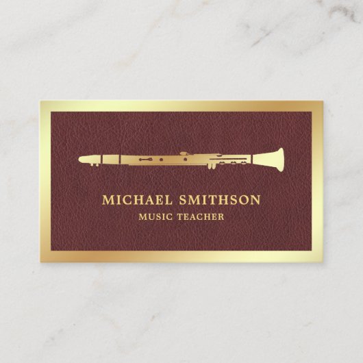 Bruin Lederen Gouden Folie Klarinet Muziekleraar Visitekaartje (Voorkant)