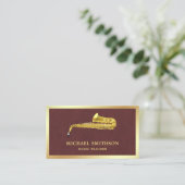 Bruin Lederen Gouden Folie Saxofoon Muziekdocent Visitekaartje (Staand voorkant)