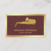 Bruin Lederen Gouden Folie Saxofoon Muziekdocent Visitekaartje (Voorkant)