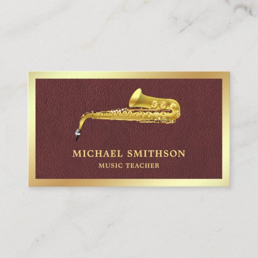 Bruin Lederen Gouden Folie Saxofoon Muziekdocent Visitekaartje (Voorkant)