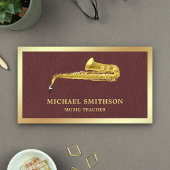 Bruin Lederen Gouden Folie Saxofoon Muziekdocent Visitekaartje