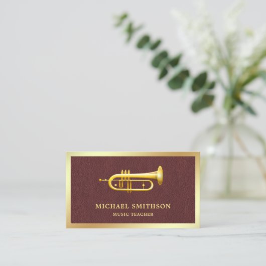 Bruin Lederen Gouden Folie Trompet Muziek Leraar Visitekaartje (Staand voorkant)
