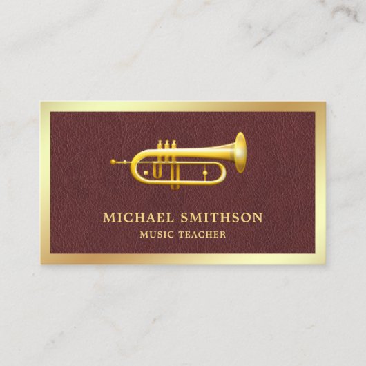 Bruin Lederen Gouden Folie Trompet Muziek Leraar Visitekaartje (Voorkant)