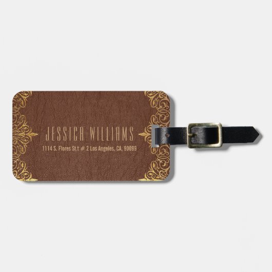 Bruin lederen gouden kanten accenten bagagelabel (Voorkant horizontaal)