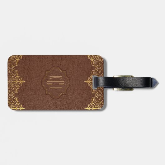 Bruin lederen gouden kanten accenten bagagelabel (Achterkant horizontaal)