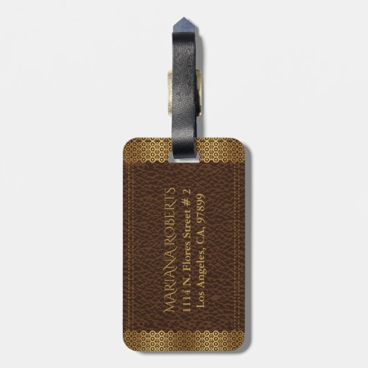 Bruin  lederen gouden rand bagagelabel (Achterkant verticaal)