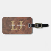 Bruin Lederen Initialen Monogrammed Modern Bagagelabel (Voorkant horizontaal)