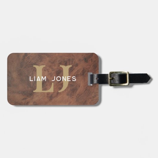 Bruin Lederen Initialen Monogrammed Modern Bagagelabel (Voorkant horizontaal)