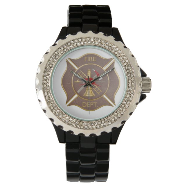 Bruin lederen kruis brandbestrijdingssymbool horloge (Voorkant)