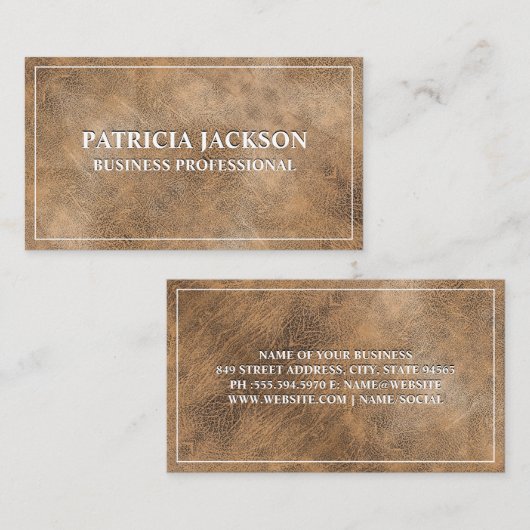 Bruin lederen textiel visitekaartje (Voorkant / Achterkant)