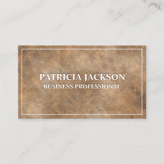 Bruin lederen textiel visitekaartje (Voorkant)