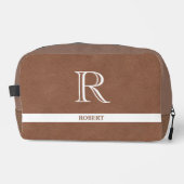 Bruin Lederen Textuur Trim Wit Monogram Naam Toilettasje (Voorkant)