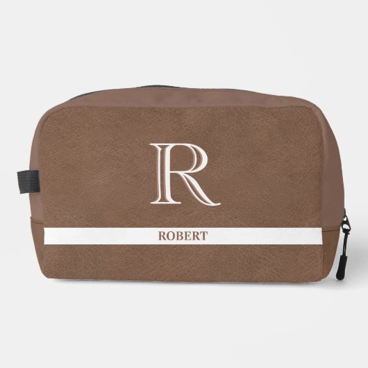 Bruin Lederen Textuur Trim Wit Monogram Naam Toilettasje (Voorkant)