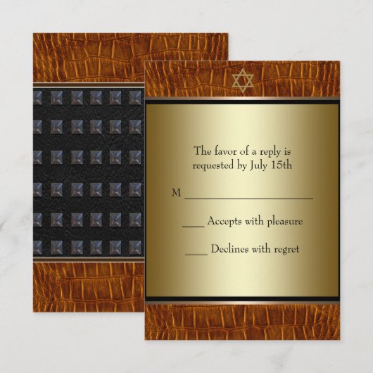 Bruin Lederen Zwart Bar Mitzvah RSVP Kaartje (Voorkant / Achterkant)