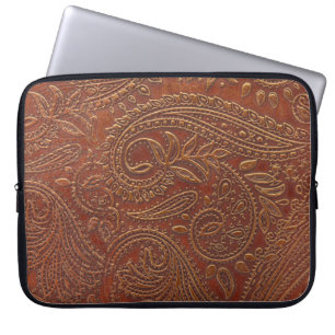 Bruin leer, bewerkt bloemmotief. laptop sleeve