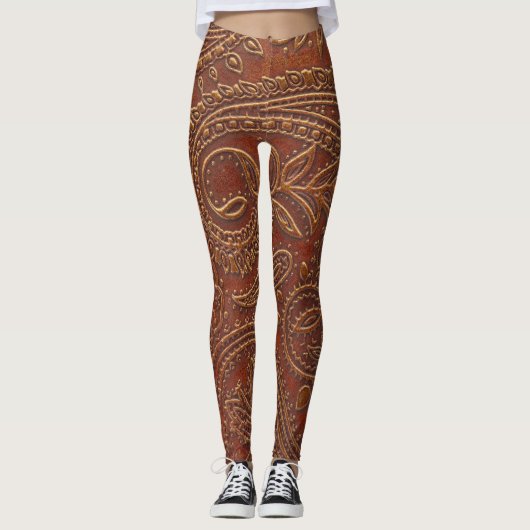 Bruin leer, bewerkt bloemmotief. leggings (Voorkant)