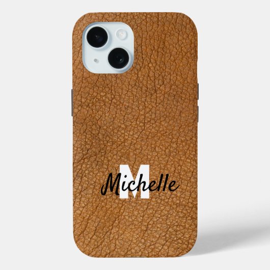 Bruin leer gepersonaliseerde naam monogram Case-Mate iPhone case (Achterkant)