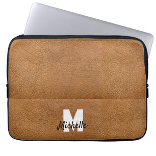 Bruin leer gepersonaliseerde naam monogram laptop sleeve