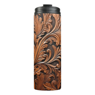 Bruin leer in reliëf thermosbeker