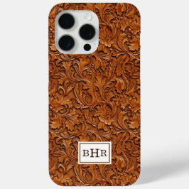 Bruin Leer Met Stempel Monogram iPhone 15 Pro Max Hoesje