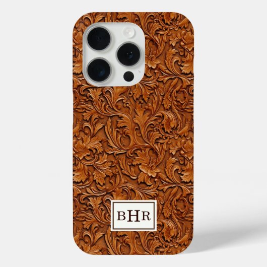Bruin Leer Met Stempel Monogram Case-Mate iPhone Case (Achterkant)