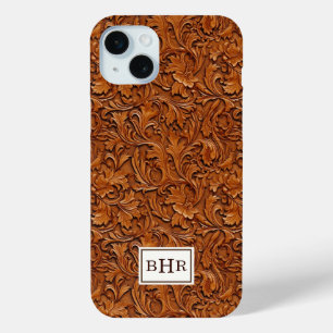 Bruin Leer Met Stempel Monogram iPhone 15 Mini Hoesje