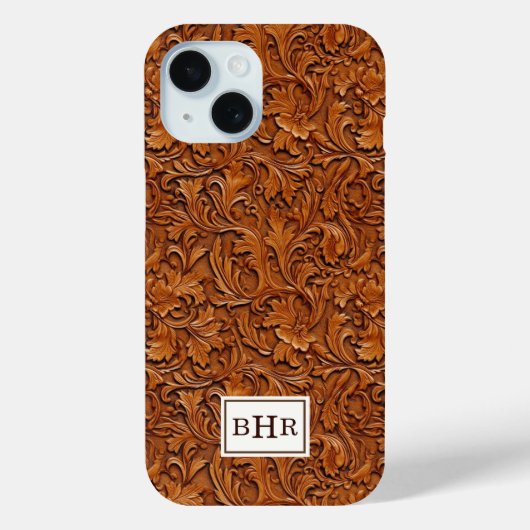 Bruin Leer Met Stempel Monogram Case-Mate iPhone Case (Achterkant)